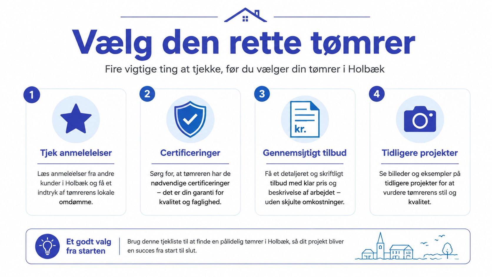 En infografik der guider dig til at vælge den rette tømrer i Holbæk med fire vigtige punkter.