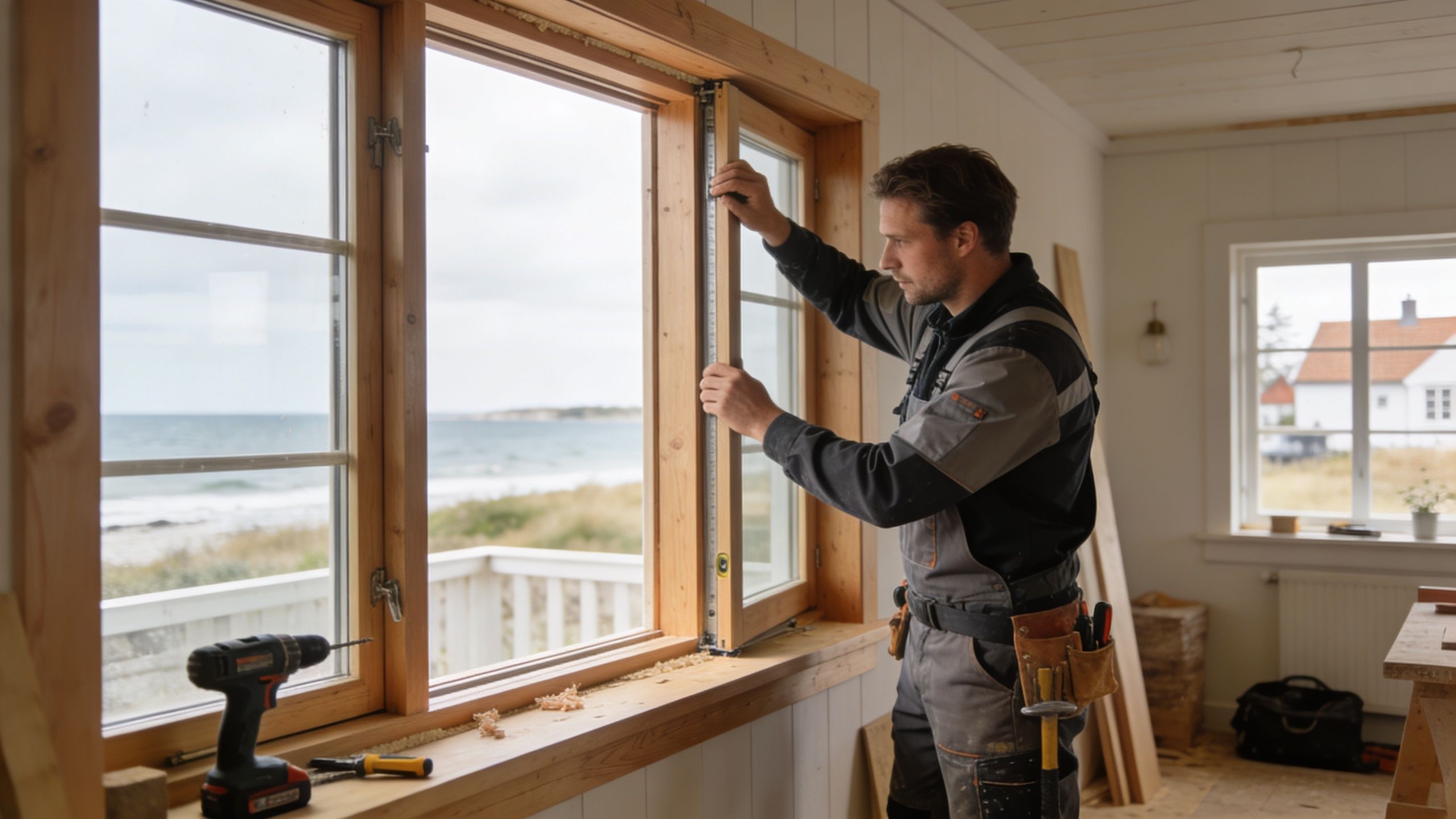 En tømrer i arbejdstøj måler og installerer et nyt trævindue i et rum med havudsigt.