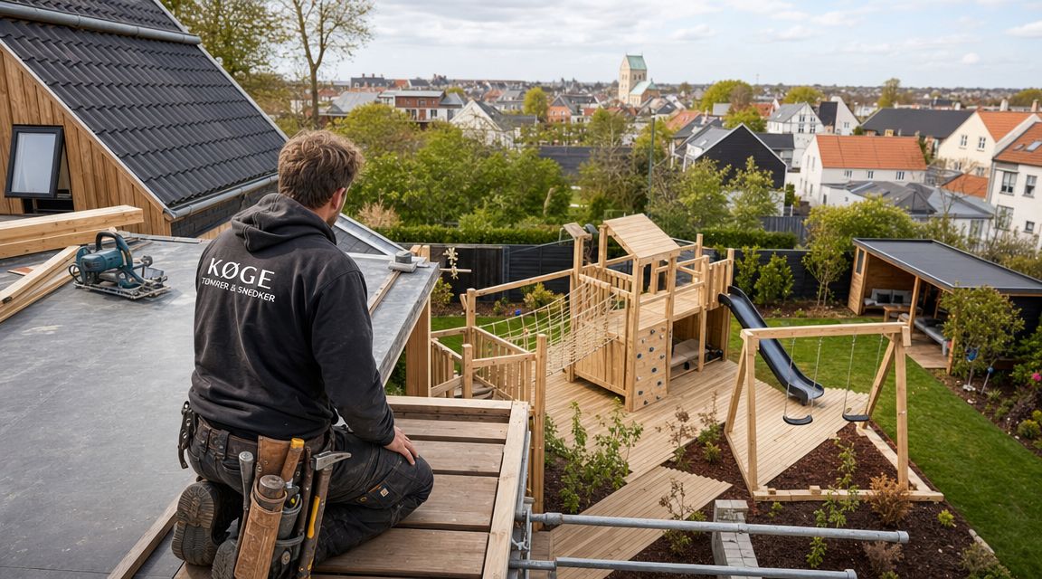 Tømrer arbejder på tagkonstruktion med legeplads og udendørs legeredskaber.