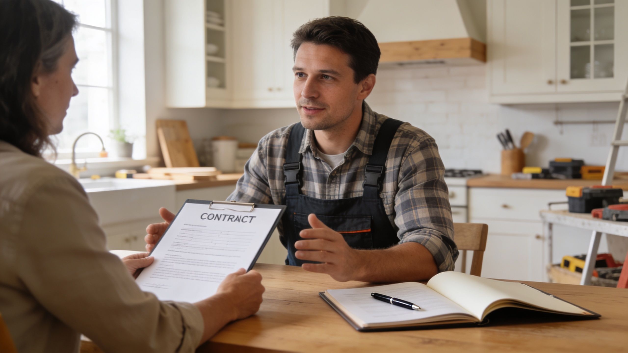 En professionel tømrer sidder ved et køkkenbord og diskuterer en kontrakt med en kunde i et hjem.