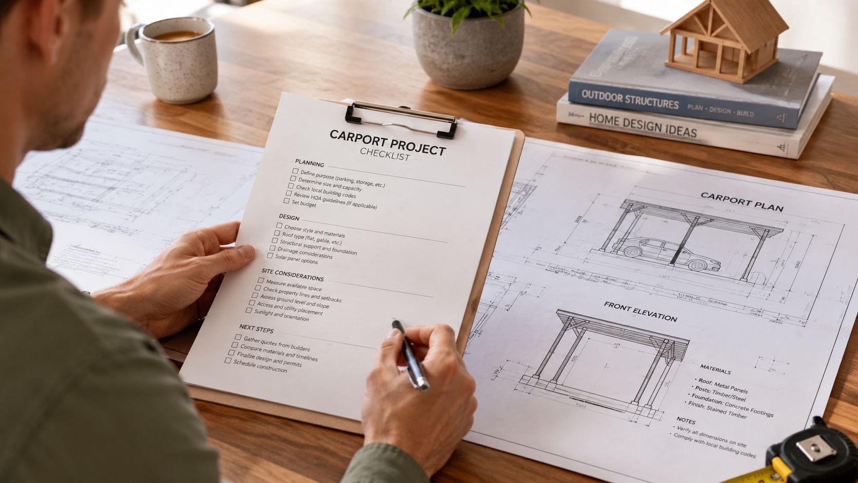En mand gennemgår en tjekliste til et carportprojekt ved et skrivebord med byggetegninger og værktøj.