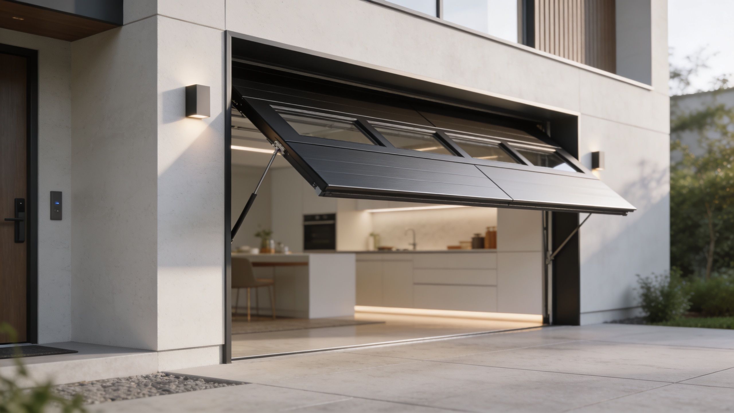 Moderne garage med automatiseret porte og integreret design.