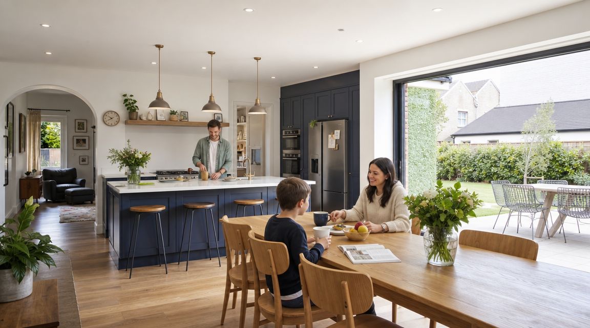 En familie i et moderne køkkenalrum med direkte udgang til en solrig have gennem store skydedøre.