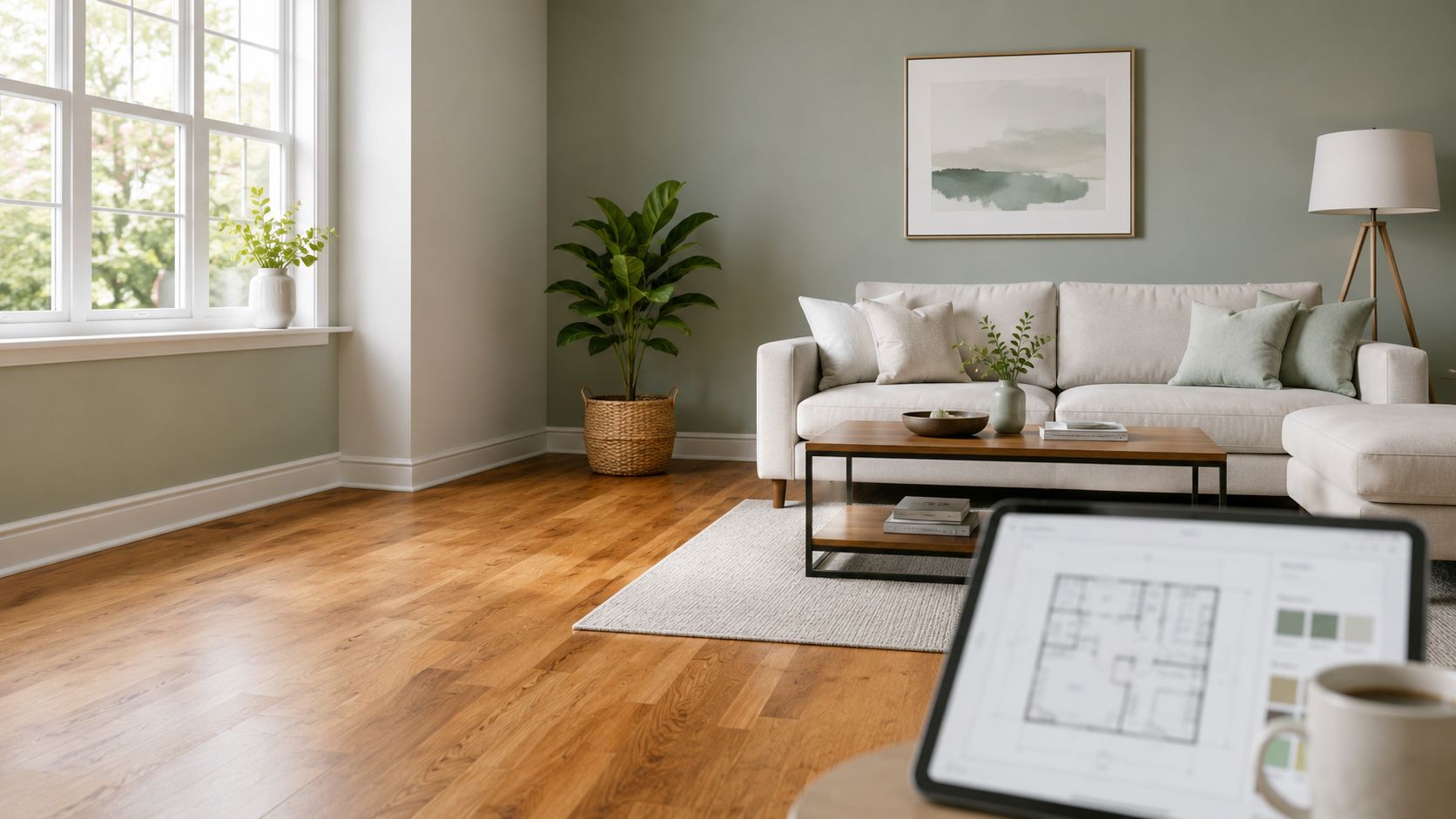 En elegant stue indrettet med sofa, stueplanter og en tablet, der viser plantegninger over et hus.