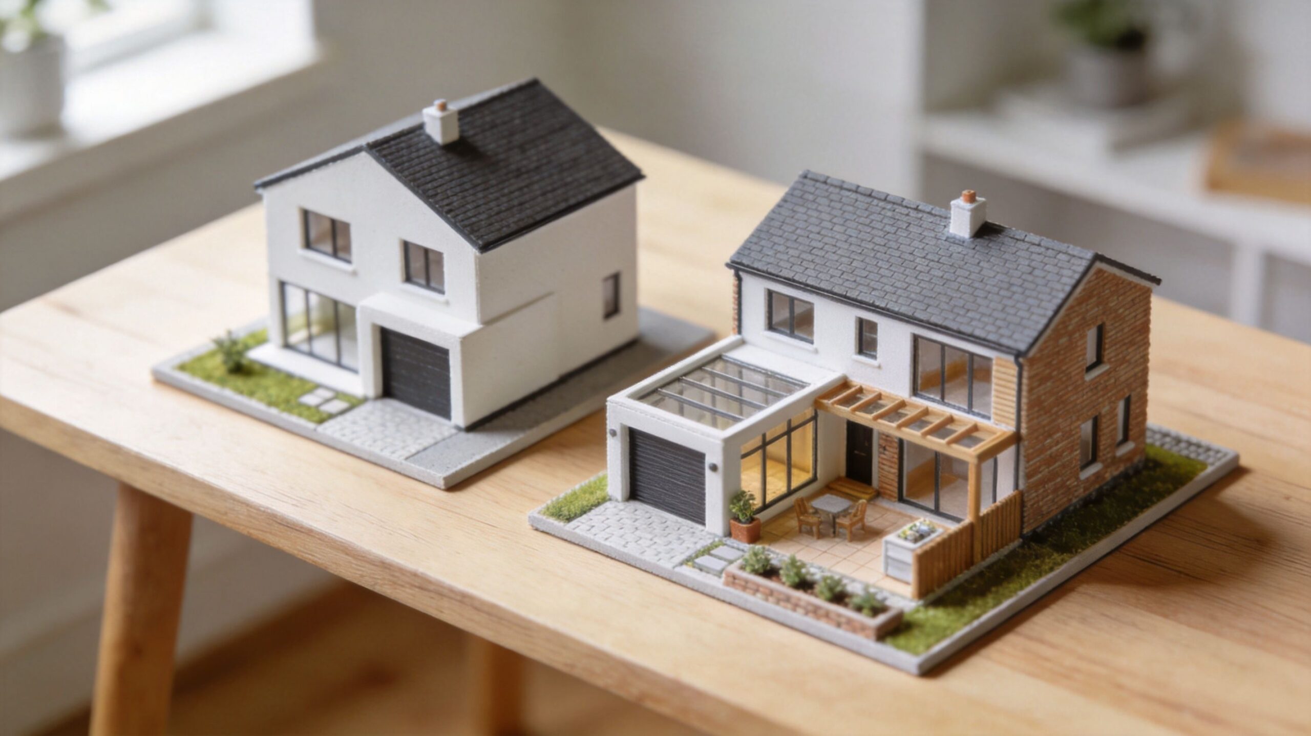 To arkitektoniske modeller af huse på et træbord, hvoraf det ene har en tilbygning med glastag.