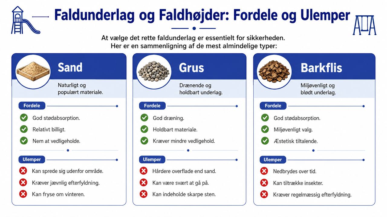 En oversigt over fordele og ulemper ved brug af sand, grus og barkflis som faldunderlag på legepladser.