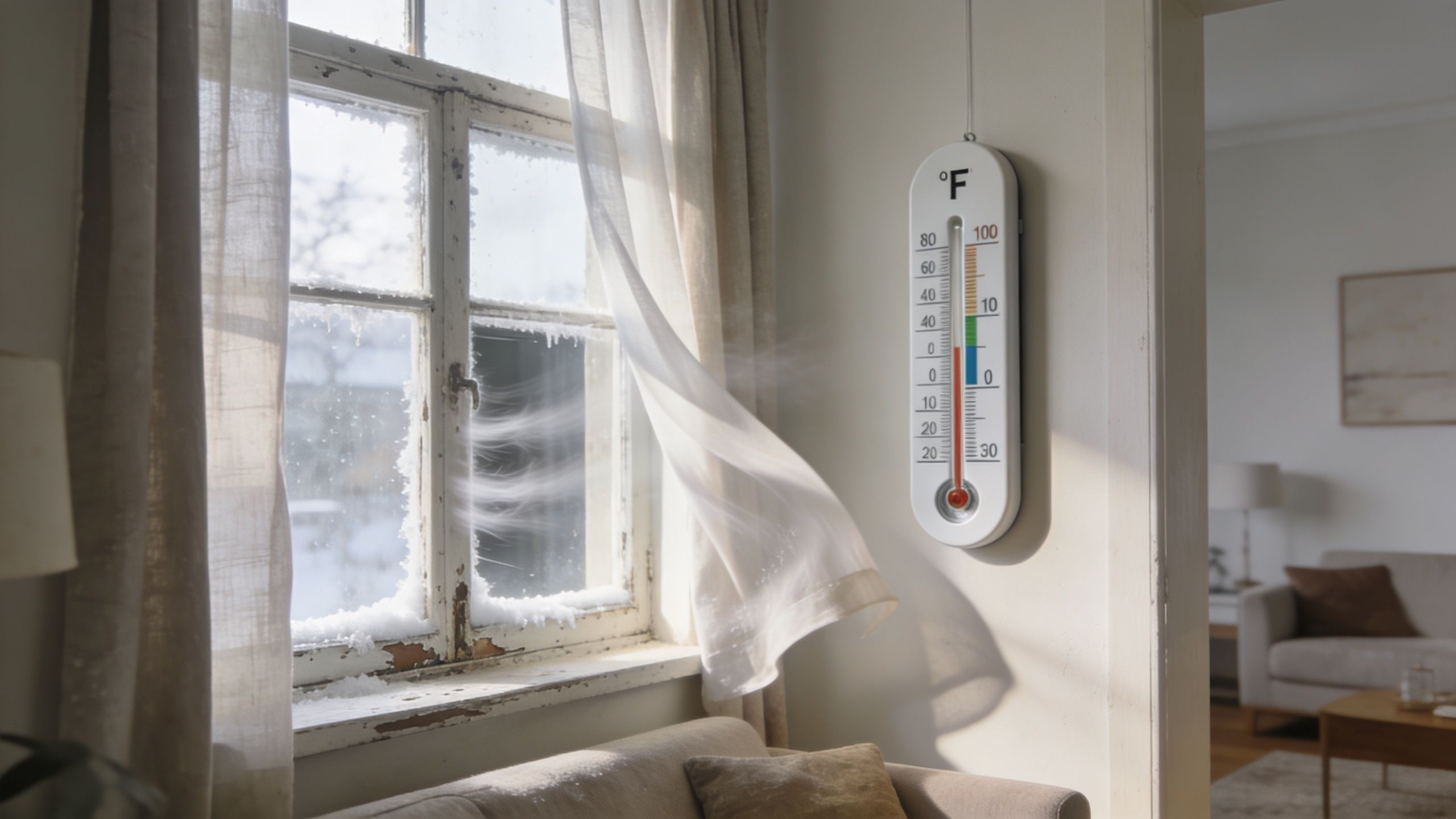 Vinterklar bolig med frostvejr, sne og termometer, der viser lave temperaturer.