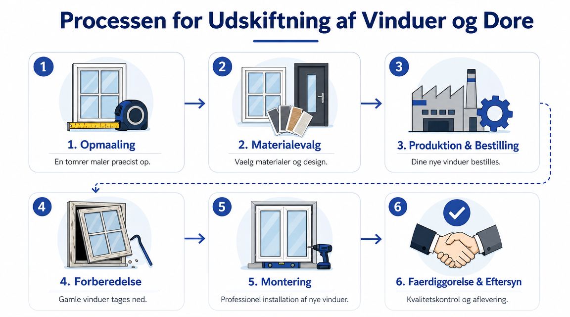 Illustration af vinduesudskiftning med trin fra opmåling til færdiggørelse.