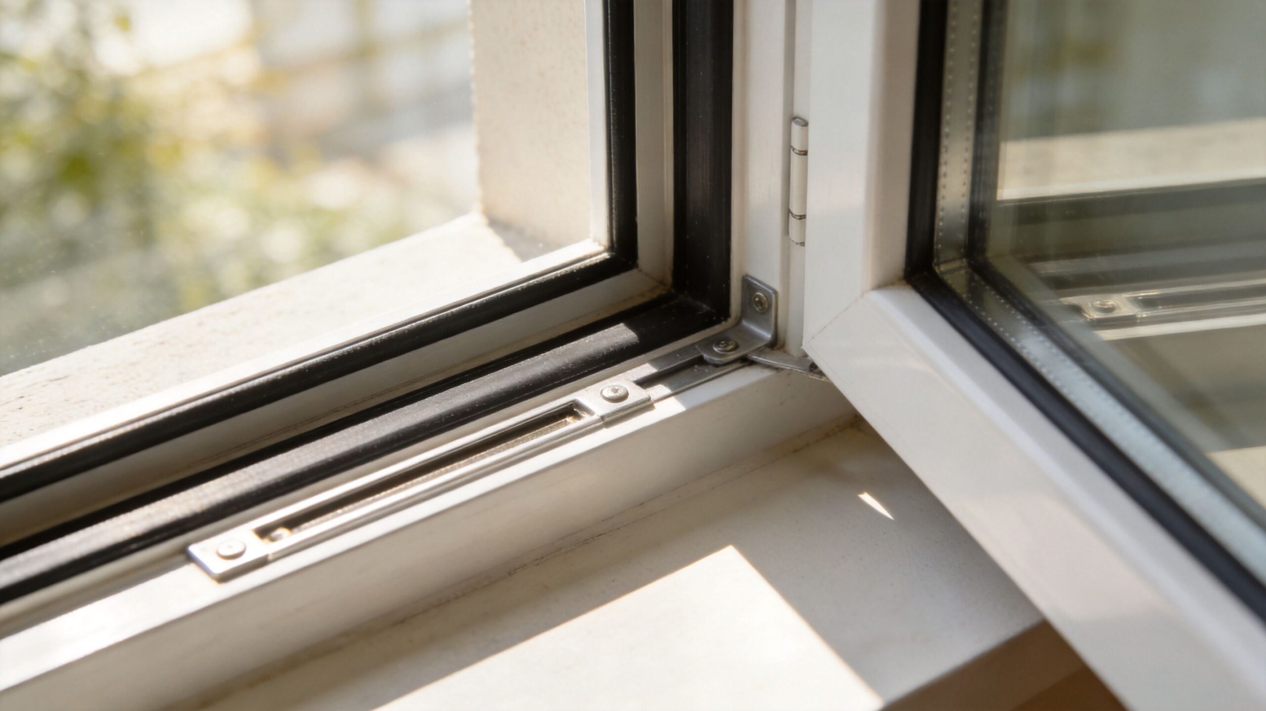 En tætvisning af beslagene på en moderne hvid plastramme til et vindue med dobbeltglas