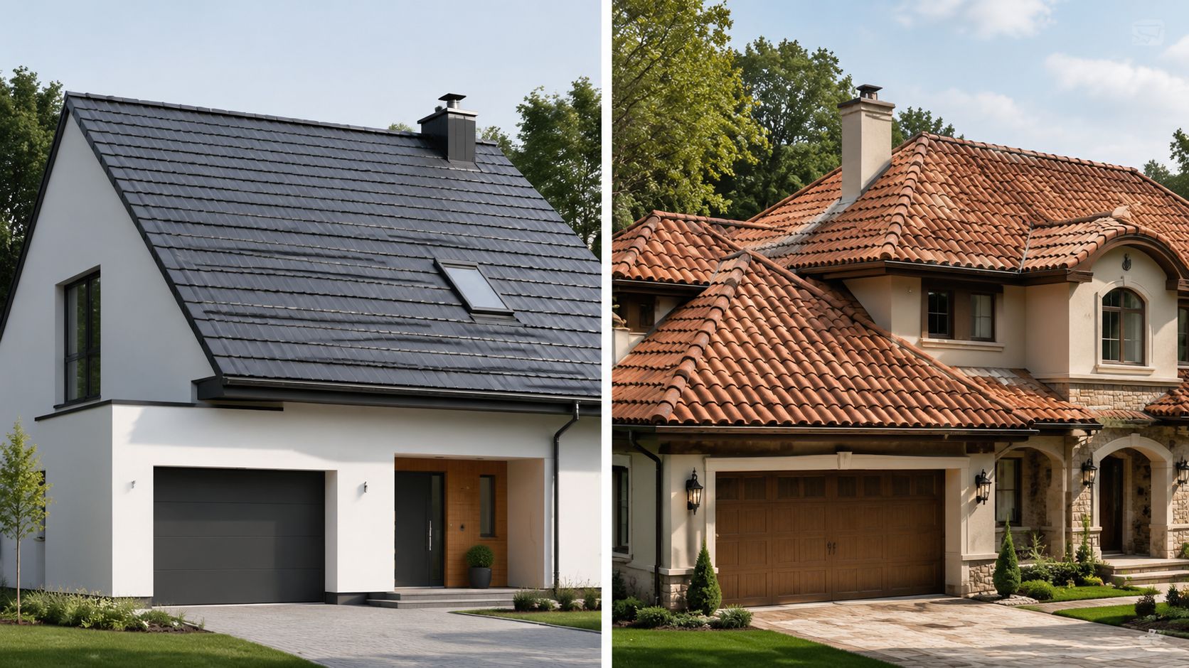 To forskellige huse viser forskellen mellem et moderne tag med mørke tagsten og et traditionelt tegltag.
