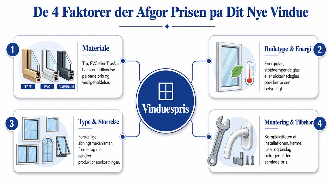 En infografik der viser de fire hovedfaktorer, der påvirker prisen på nye vinduer til din bolig.