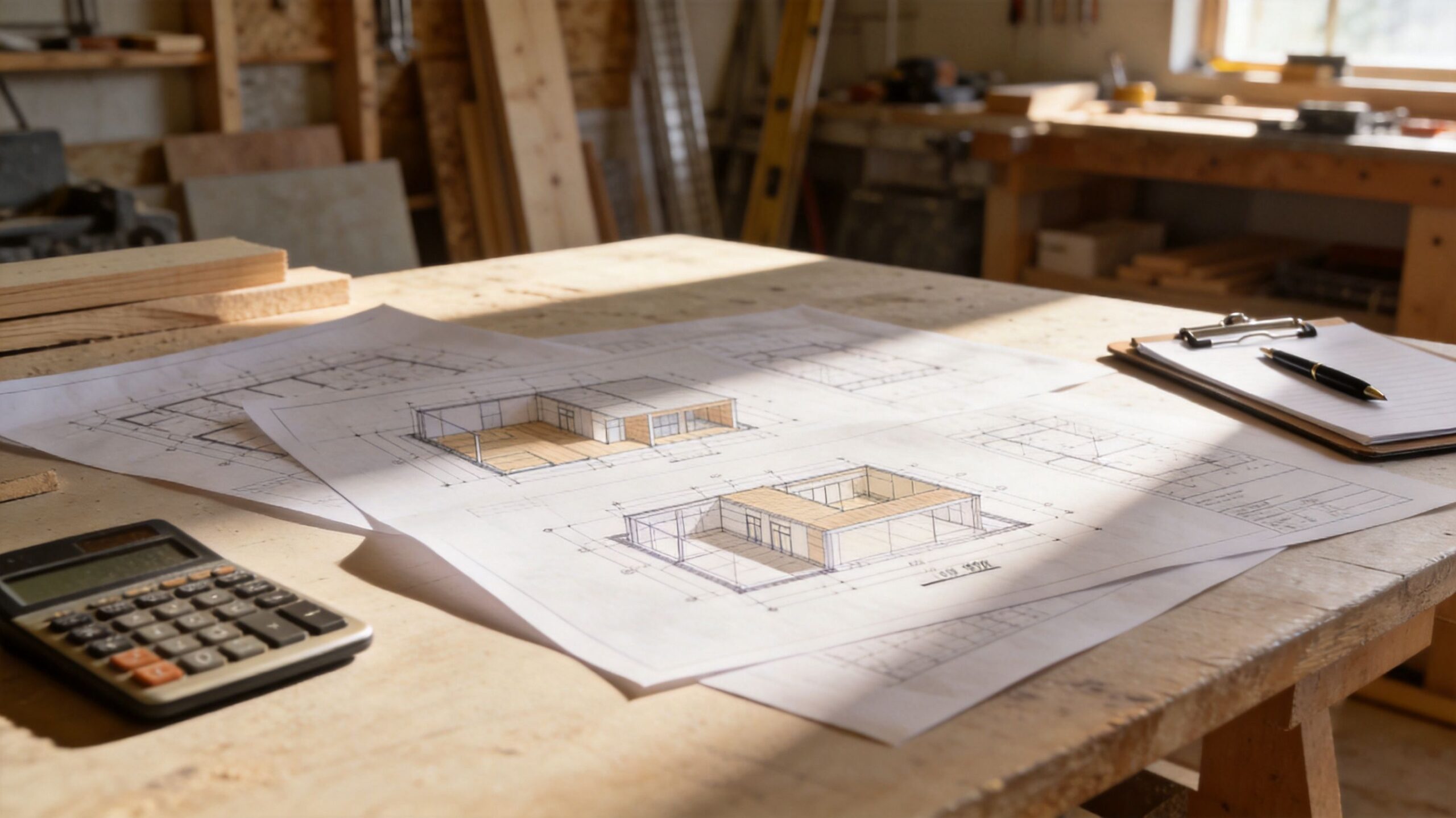 Tegning af bygningens konstruktion og design til tømrerprojekter.