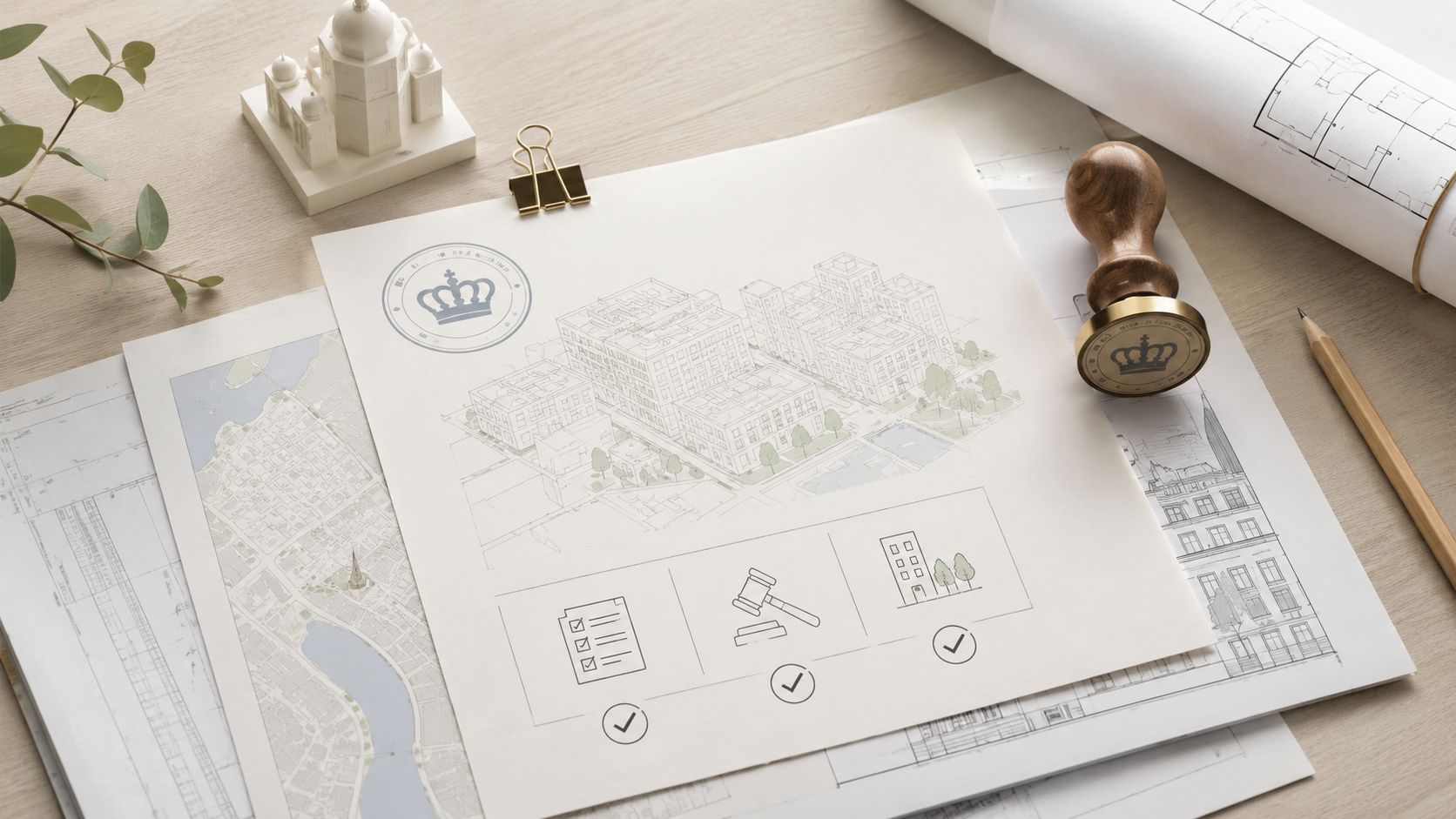 Arkitektoniske tegninger og en stempel-model på et bord, der symboliserer byggeplanlægning og renovering af badeværelse i København.