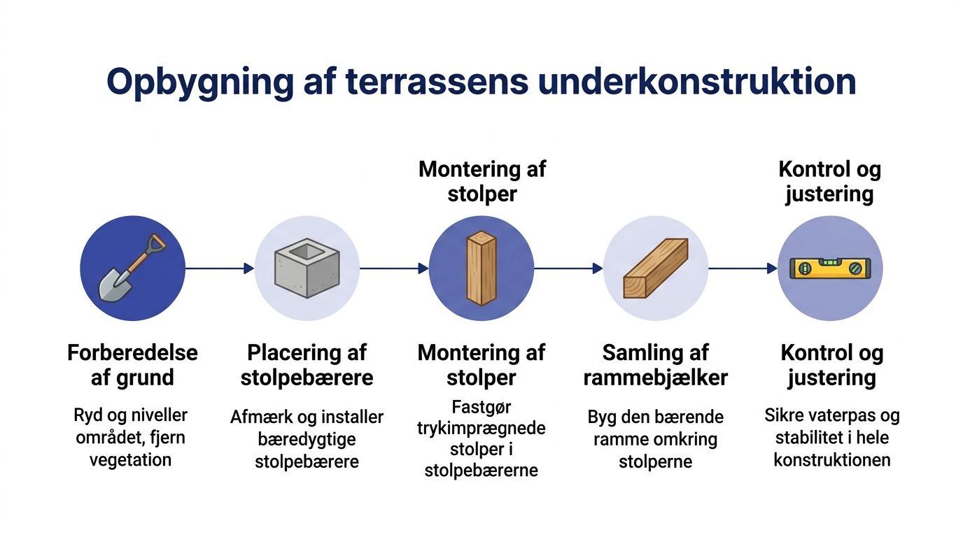En guide i fem trin til opbygning af underkonstruktionen til en træterrasse, fra grundarbejde til færdig kontrol.