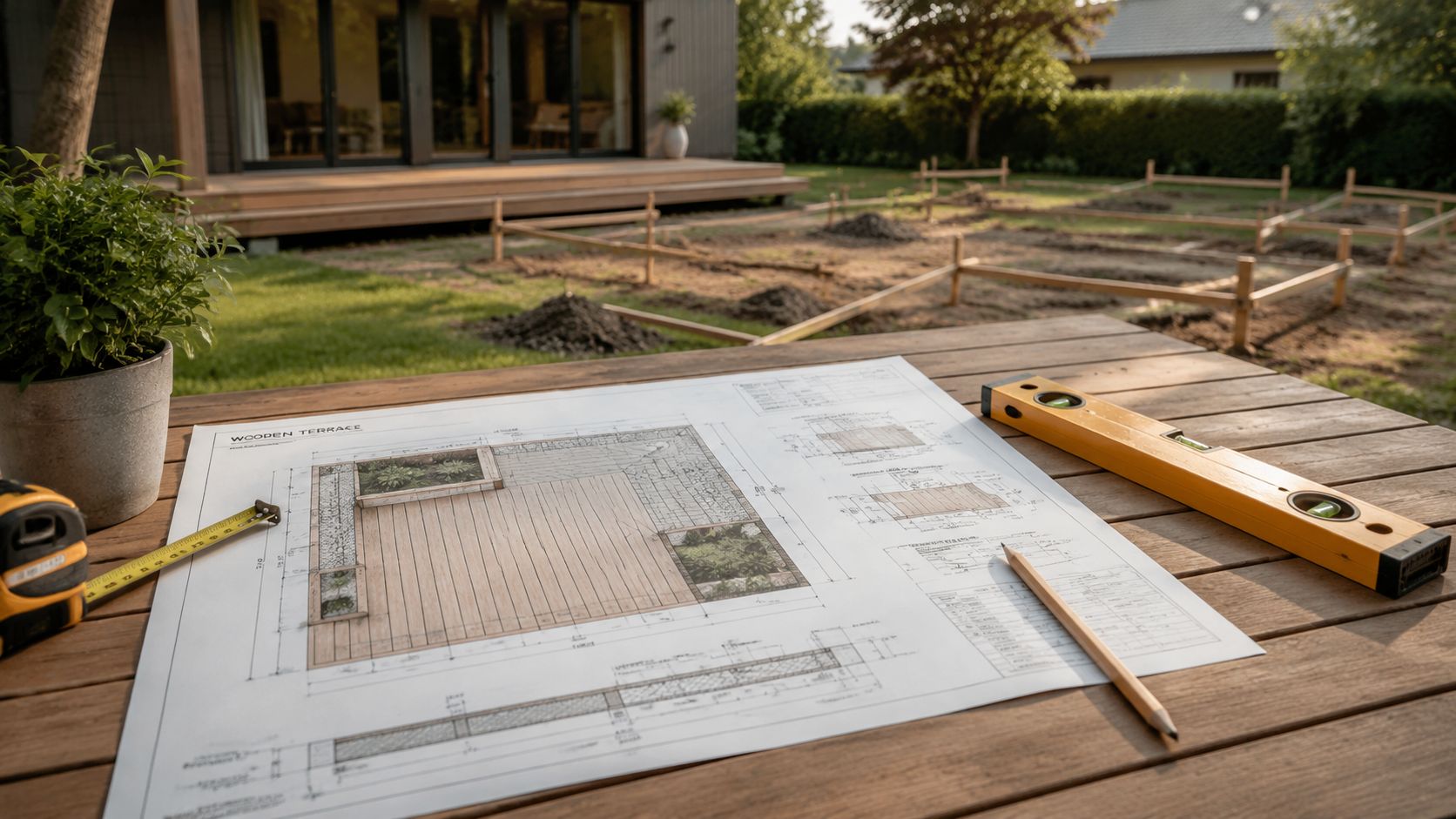 Arkitekttegning af en træterrasse placeret på et træbord med målebånd, vaterpas og blyant i en have.