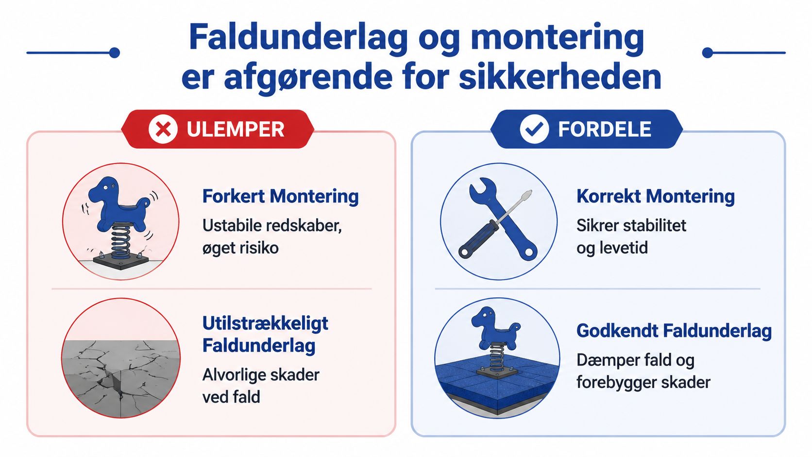 En infografik der viser vigtigheden af korrekt legepladsmontering og godkendt faldunderlag for børns sikkerhed.