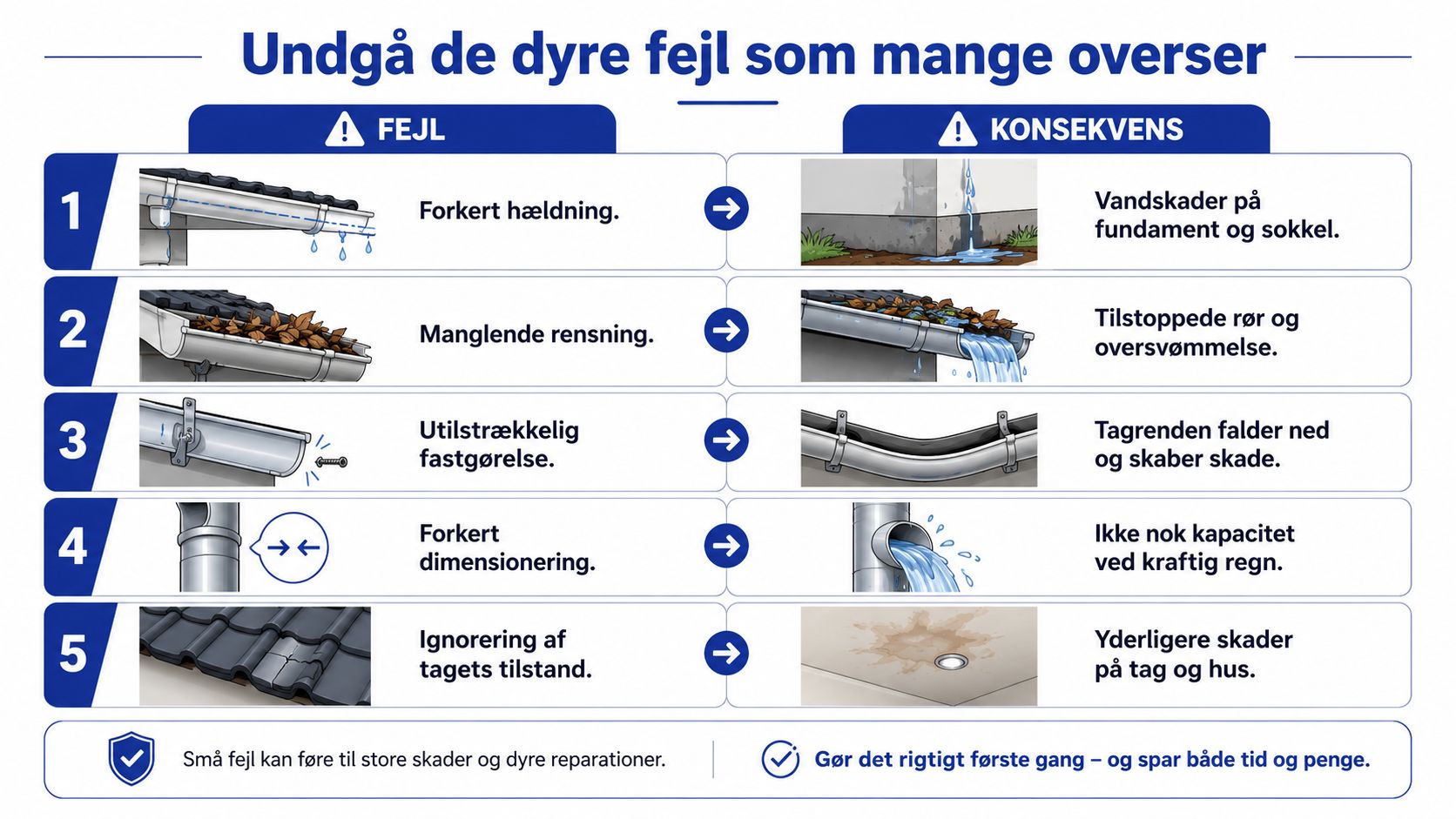 En oversigt over fem almindelige fejl ved tagrender og de potentielt dyre konsekvenser for husets vedligeholdelse.