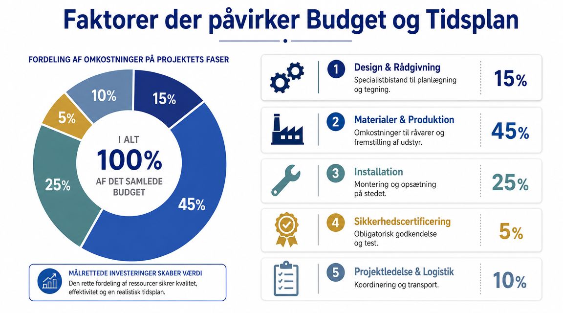 En grafisk oversigt over budgetfordeling for indendørs legepladsprojekter opdelt i fem forskellige projektfaser med tilhørende procenter.