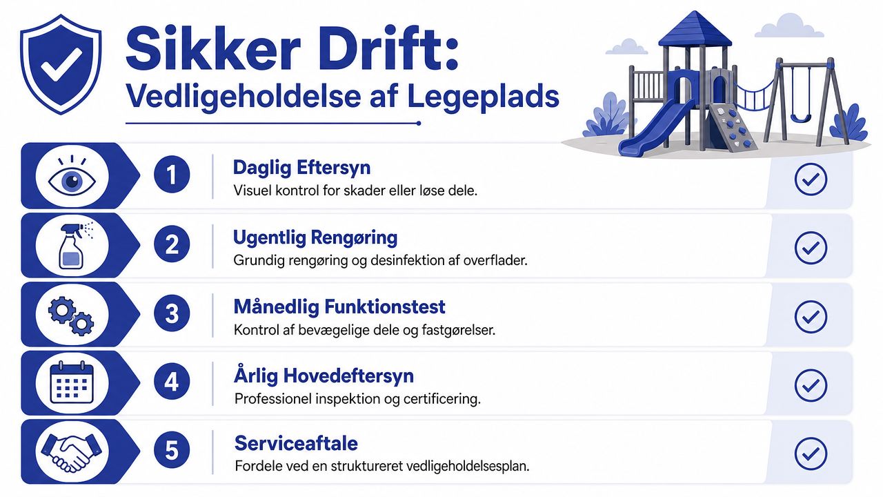 En infografik der viser fem vigtige punkter for sikker vedligeholdelse og drift af en legeplads.