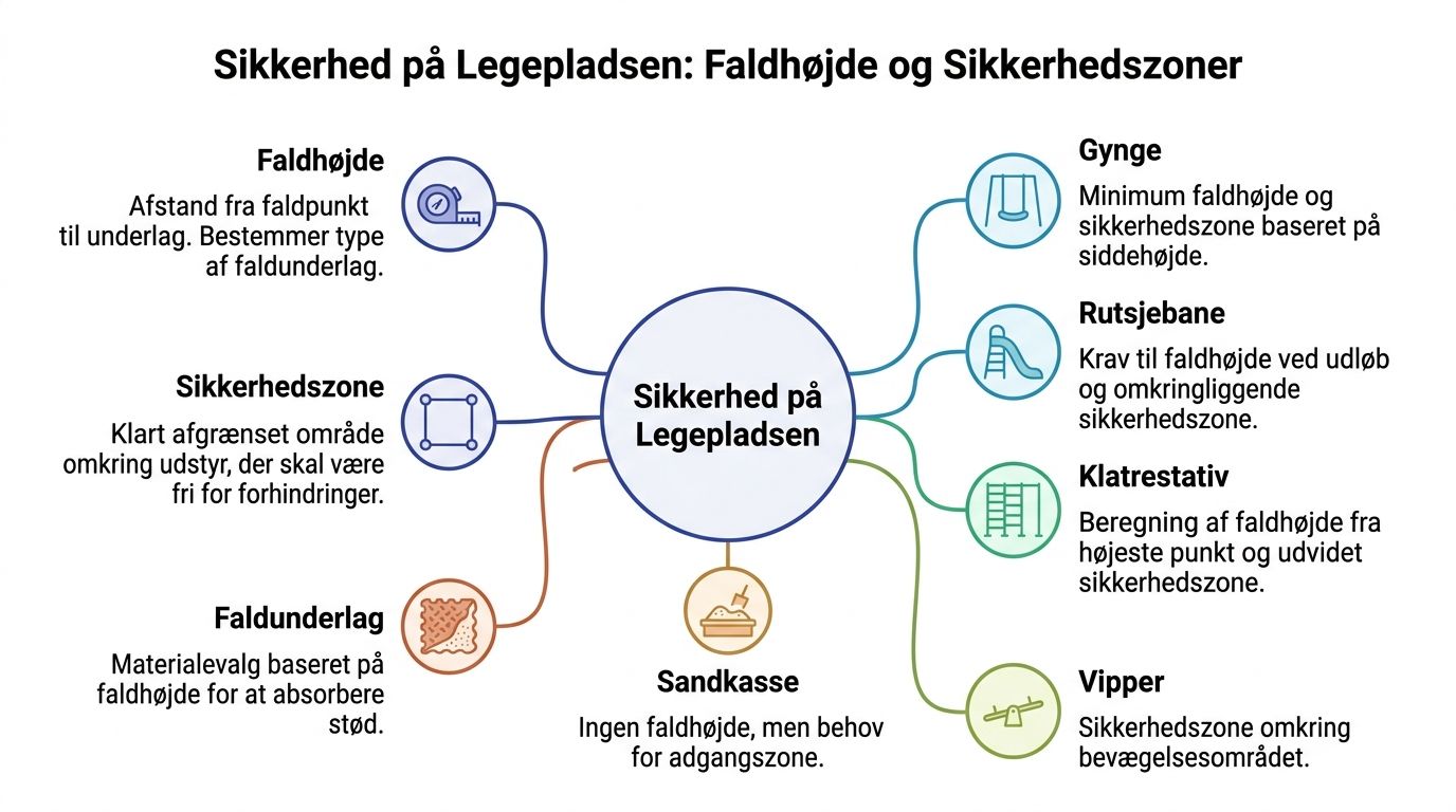 En infografik om sikkerhed på legepladser, der forklarer faldhøjde, sikkerhedszoner, faldunderlag og krav til forskelligt udstyr.