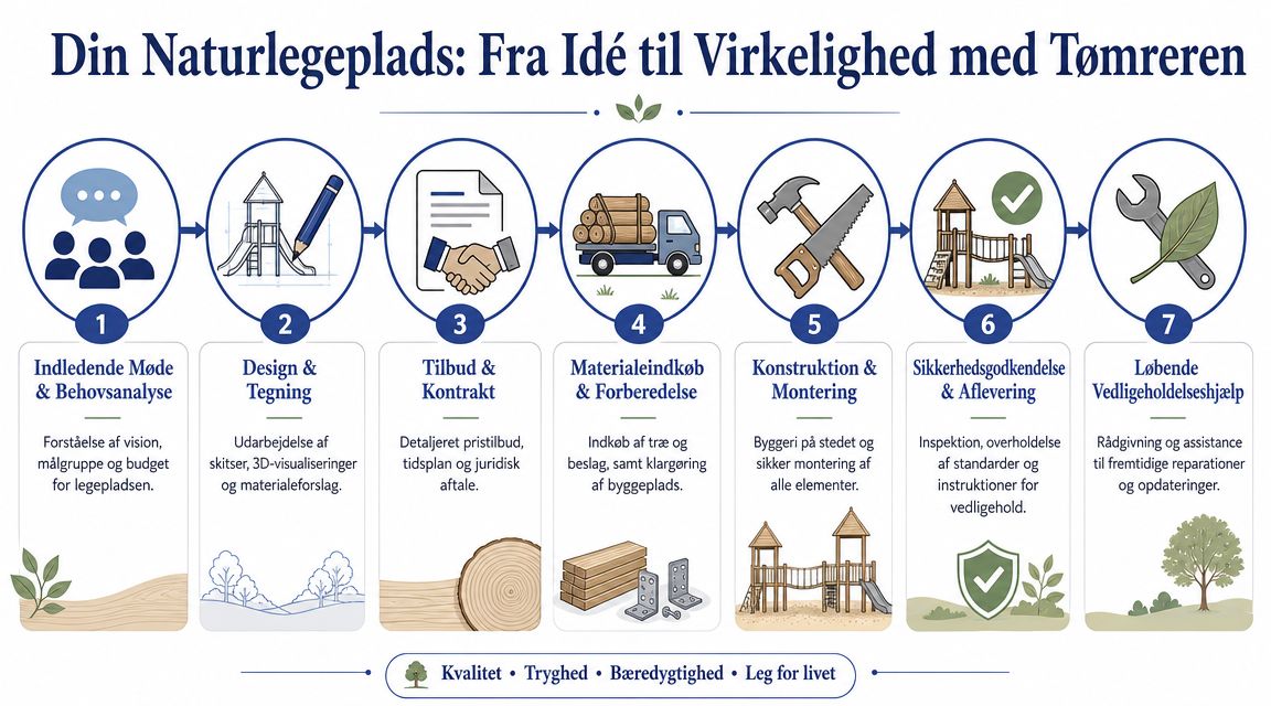 En infografik der viser de syv trin fra idé til færdigbygget naturlegeplads udført af en tømrer.