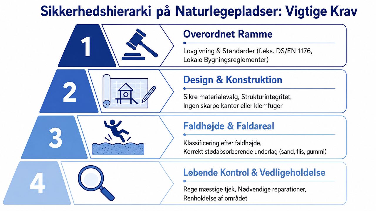 En pyramide der viser sikkerhedshierarkiet for naturlegepladser med fire vigtige niveauer for kontrol og konstruktion.
