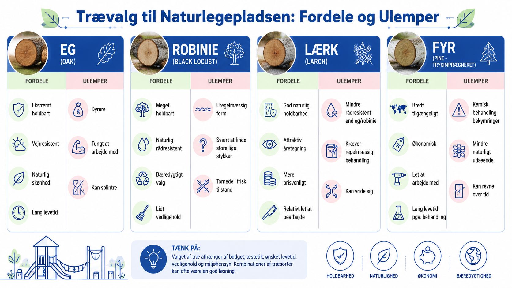 En sammenlignende infografik over fordele og ulemper ved fire forskellige træsorter til brug på naturlegepladser.