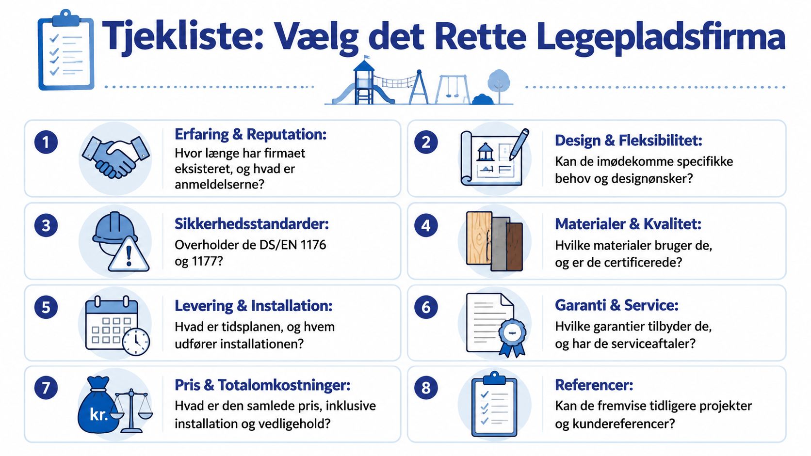 En infografik med en tjekliste til valg af det rette legepladsfirma med otte vigtige overvejelser til beslutningsprocessen.
