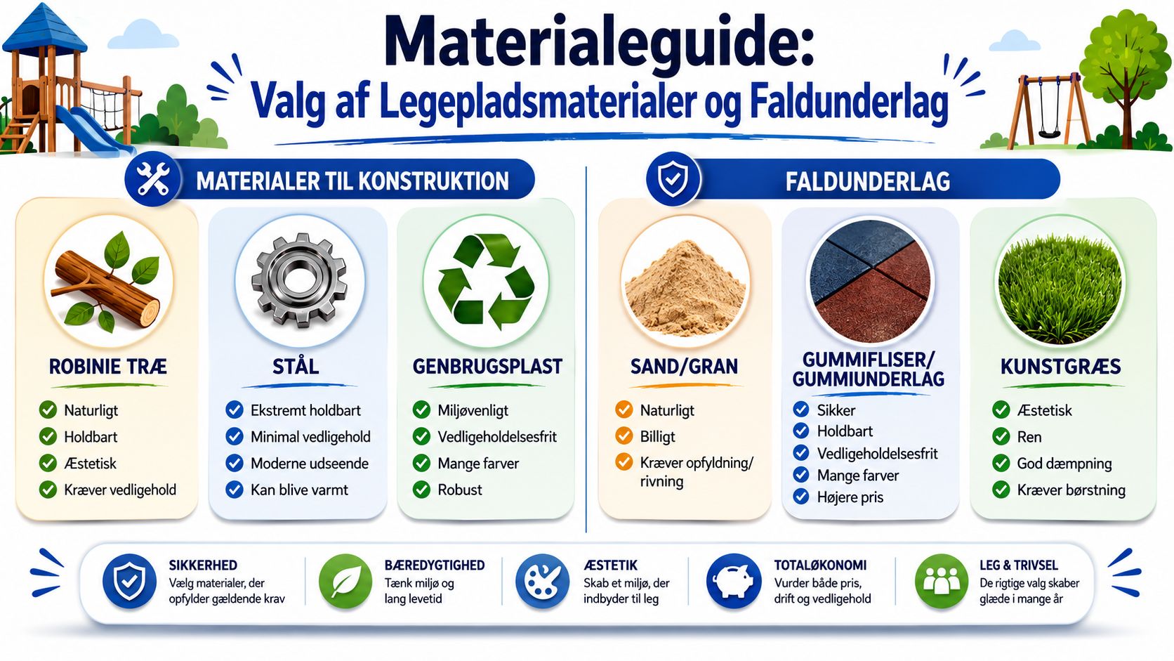 Infografik der guider til valg af materialer og faldunderlag ved etablering af en sikker legeplads til institution.
