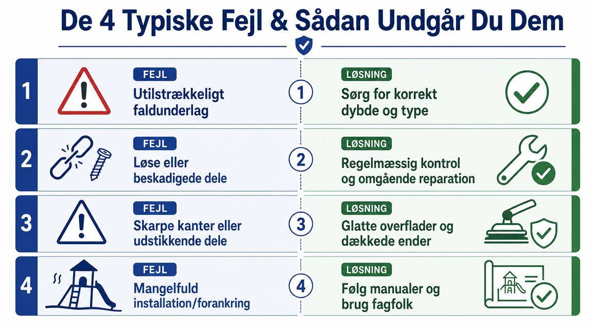 En oversigt over de fire mest almindelige fejl ved legepladsinstallationer og hvordan de forebygges korrekt.