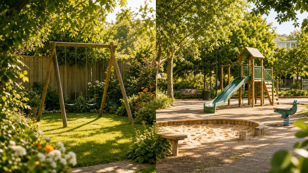 En solrig legeplads med en gynge, en rutsjebane og en sandkasse omgivet af grønne træer.