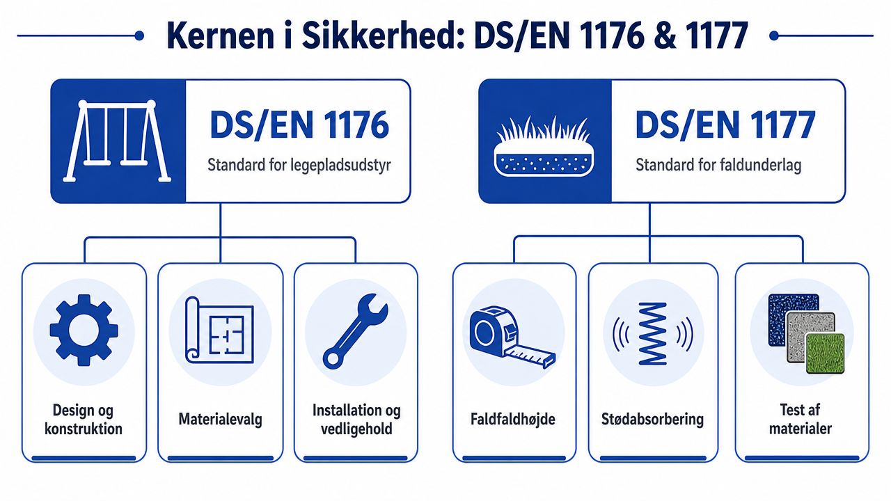 En infografik der viser sikkerhedsstandarderne DS/EN 1176 for legepladsudstyr og DS/EN 1177 for faldunderlag.