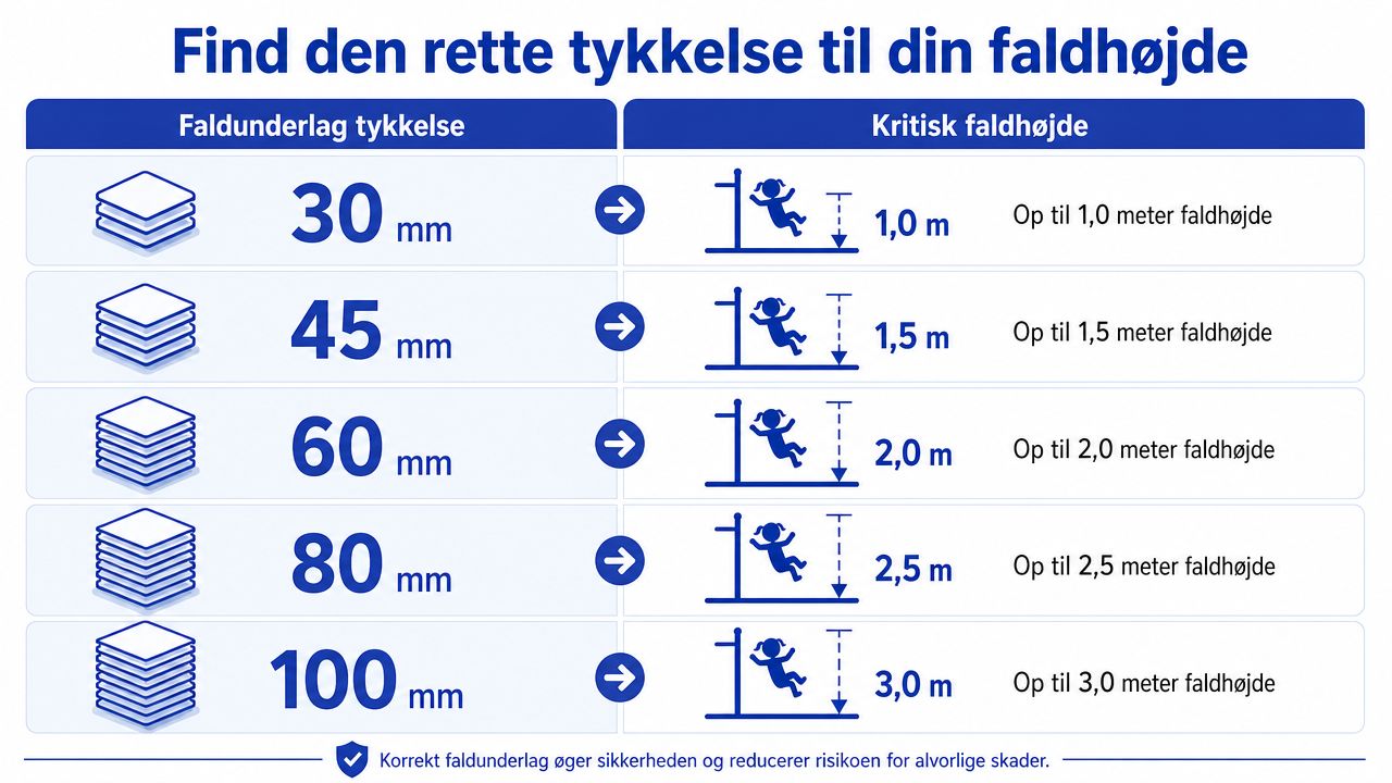 Tabel der viser anbefalet tykkelse på faldunderlag i forhold til den kritiske faldhøjde på legepladser.