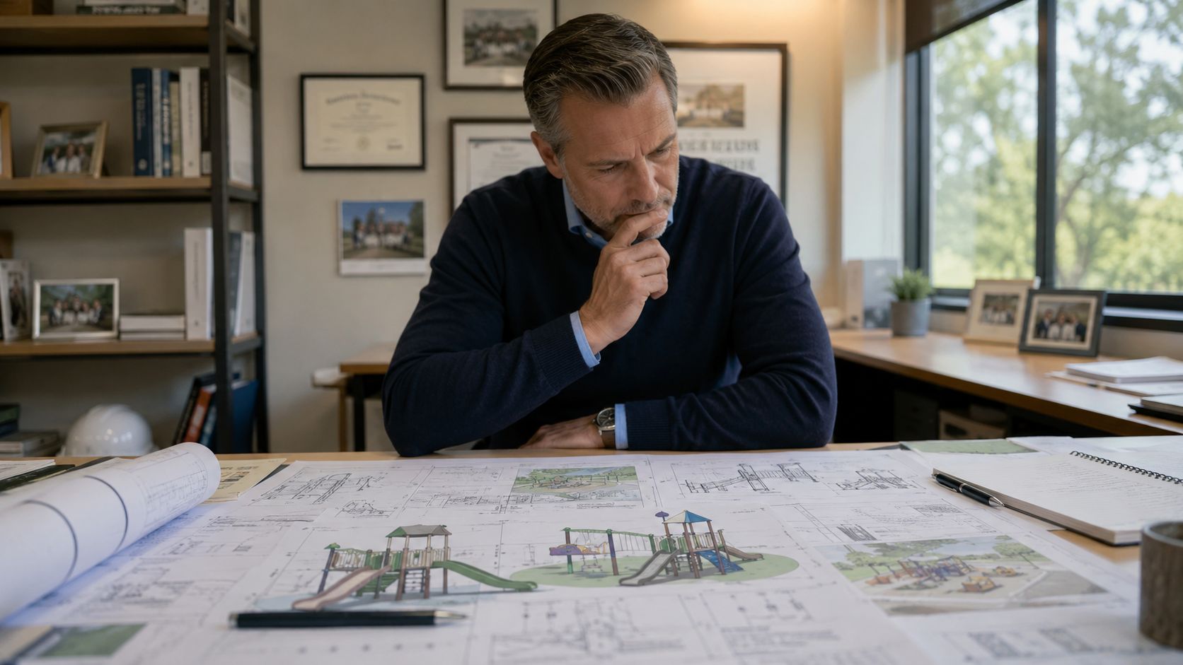 Arkitekt eller projektleder studerer detaljerede tegninger af en ny legeplads ved sit skrivebord på kontoret.