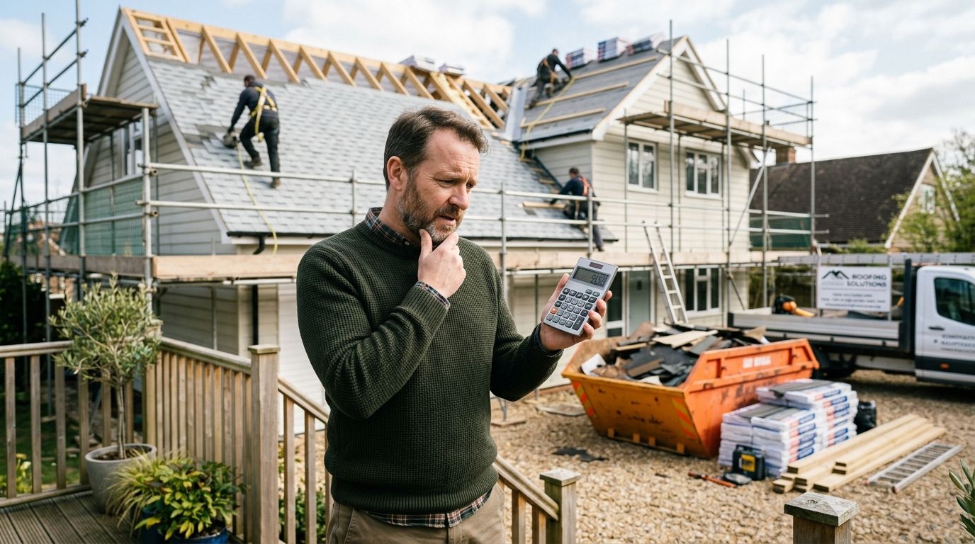 En mand står foran sit hus under renovering og kigger bekymret på en lommeregner med tagomkostninger.