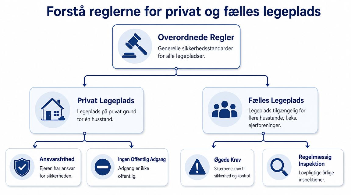 Oversigt over regler og sikkerhedskrav for etablering af private og fælles legepladser på forskellig grund.