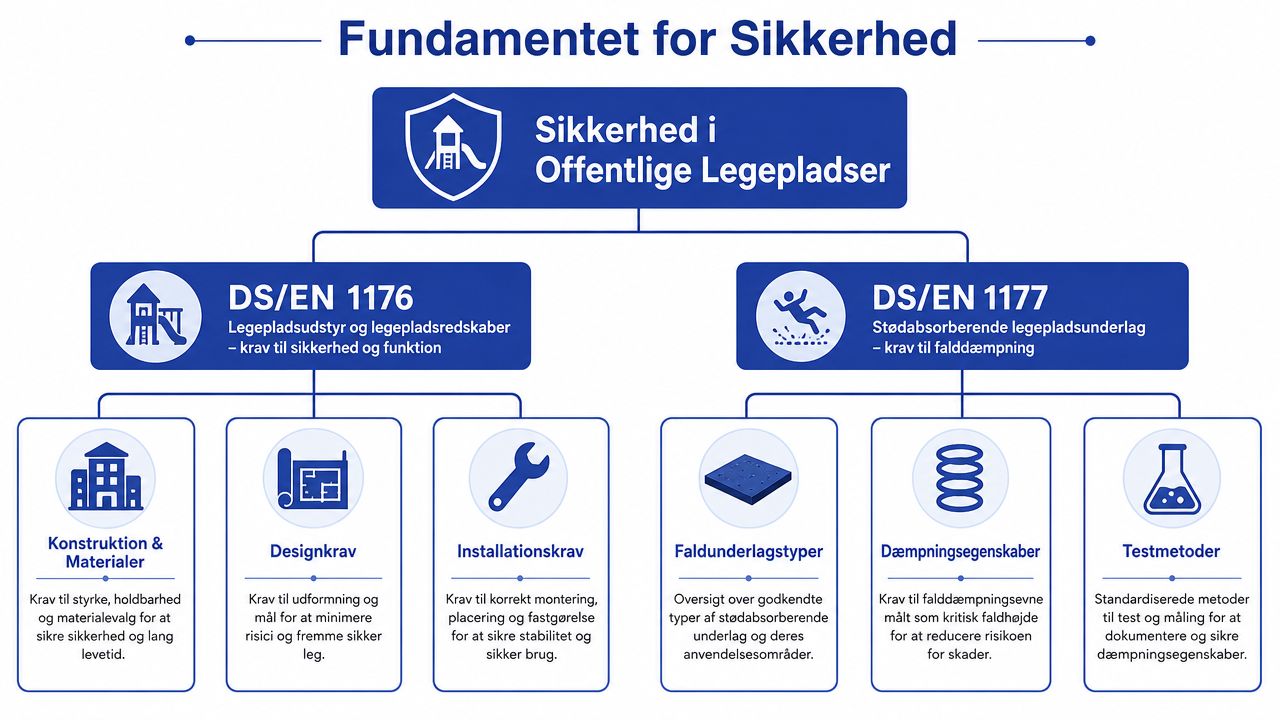 Oversigt over de vigtigste sikkerhedsstandarder for offentlige legepladser, herunder DS/EN 1176 og DS/EN 1177.