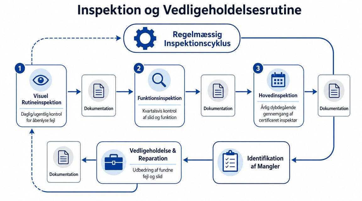 En procesmodel for inspektion og vedligeholdelse af legepladser, der viser rutiner fra daglig kontrol til hovedinspektion.