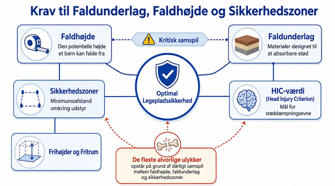 Diagram der illustrerer krav til faldhøjde, faldunderlag og sikkerhedszoner for optimal sikkerhed på offentlige legepladser.