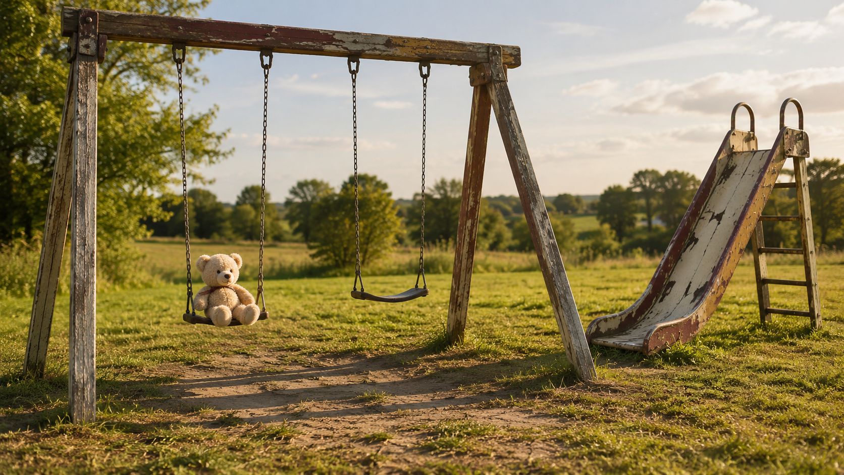En ensom bamse sidder på et gammelt gyngestativ ved en nedslidt legeplads i det åbne landskab.