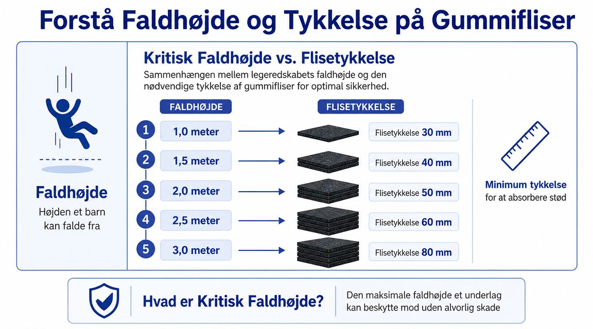 En infografik der viser sammenhængen mellem faldehøjde på legepladser og den nødvendige tykkelse af sikkerhedsgummifliser.