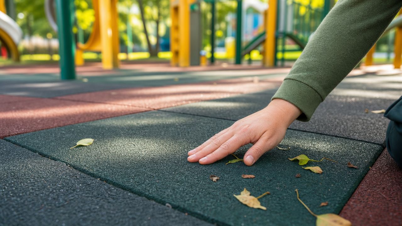 En person rører ved overfladen af beskyttende gummifliser på en legeplads med spredte blade i sollys.