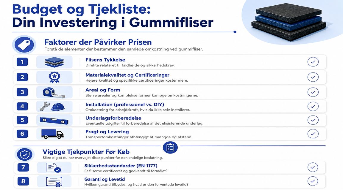 En infografik der forklarer prisfaktorer og tjekliste for køb af gummifliser til legepladser og udendørsarealer.