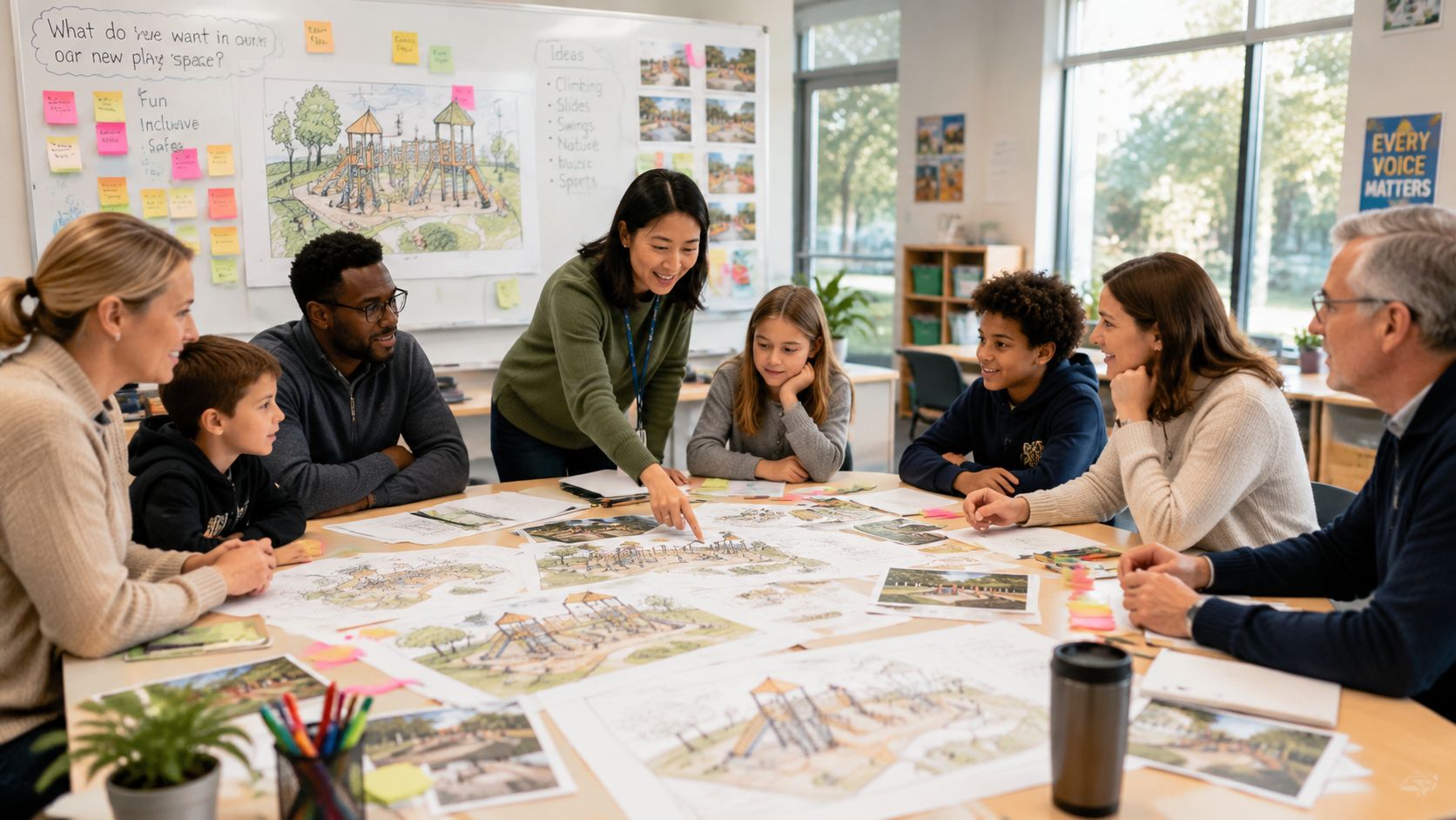 En gruppe lærere, forældre og børn diskuterer sammen designet af en ny skolelegeplads ved et bord.