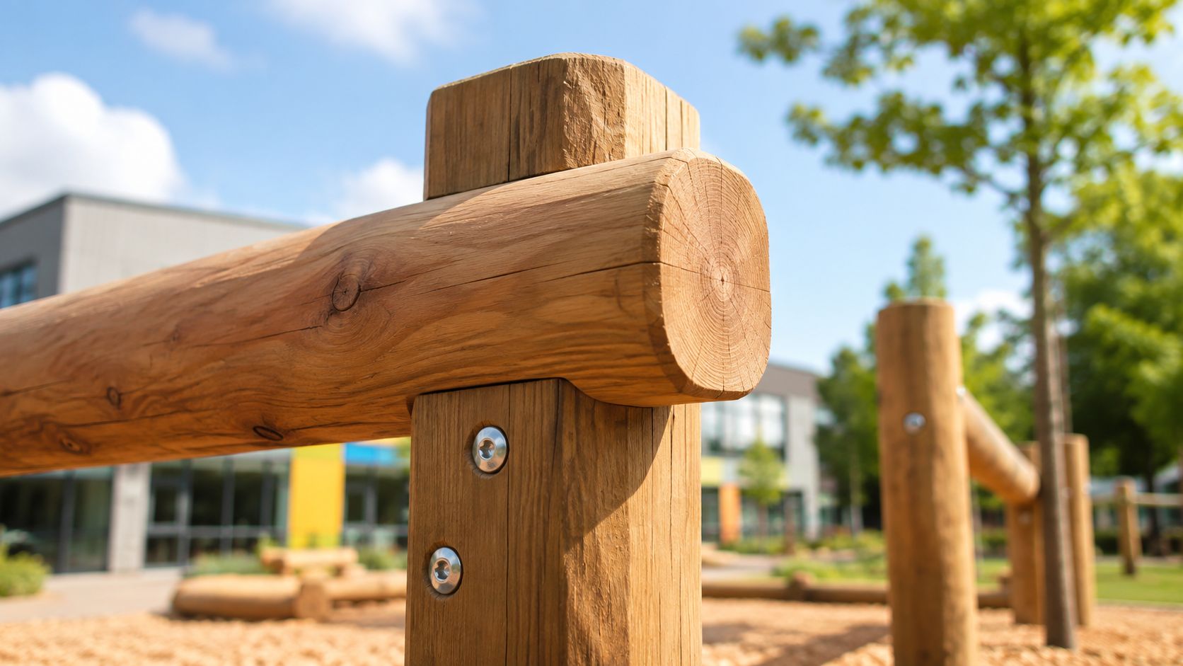 Nærbillede af et solidt træhegn på en skolelegeplads med synlige bolte og en blå himmel bagved.