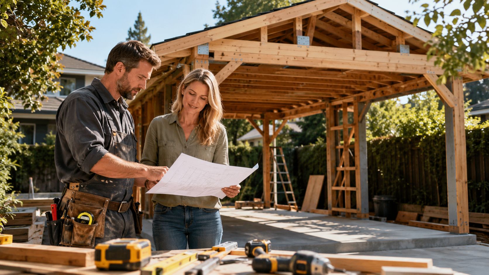 En tømrer og en kvinde gennemgår plantegninger ved et byggeprojekt af en carport i en solskinsfyldt have.