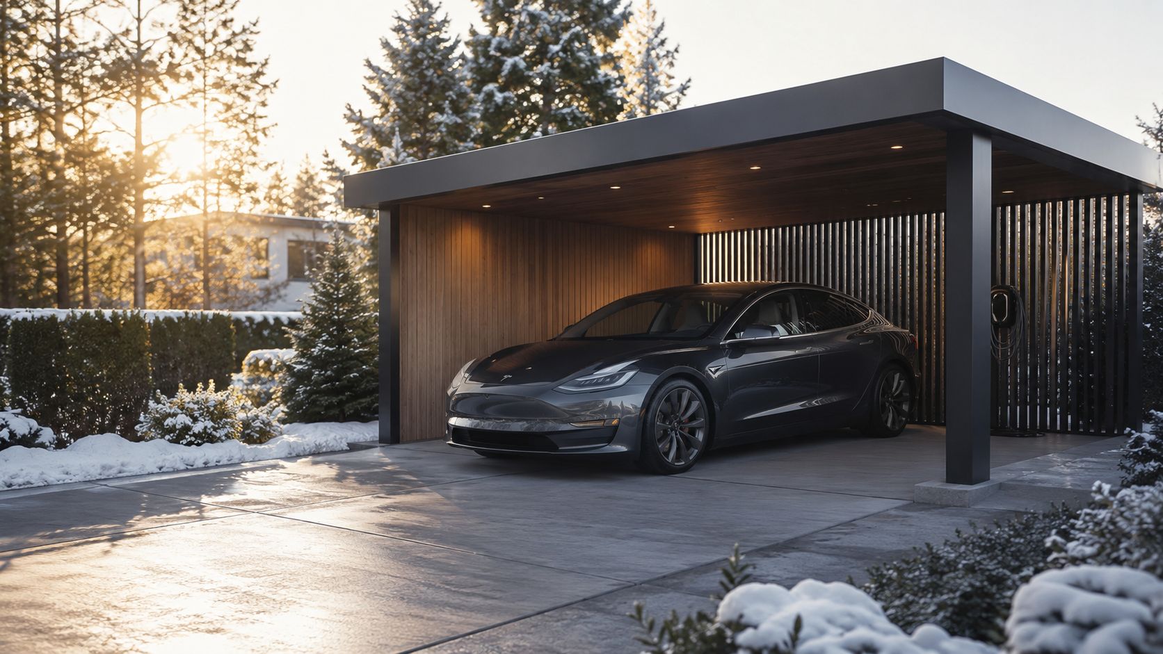 En mørkegrå Tesla parkeret under en moderne carport i træ, placeret i et sneklædt vinterlandskab ved solnedgang.