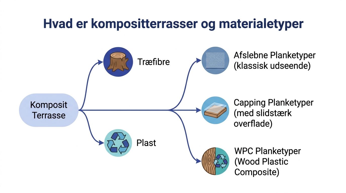 En infografik der viser sammensætningen af komposit terrasse med træfibre, plast og forskellige typer af planker.