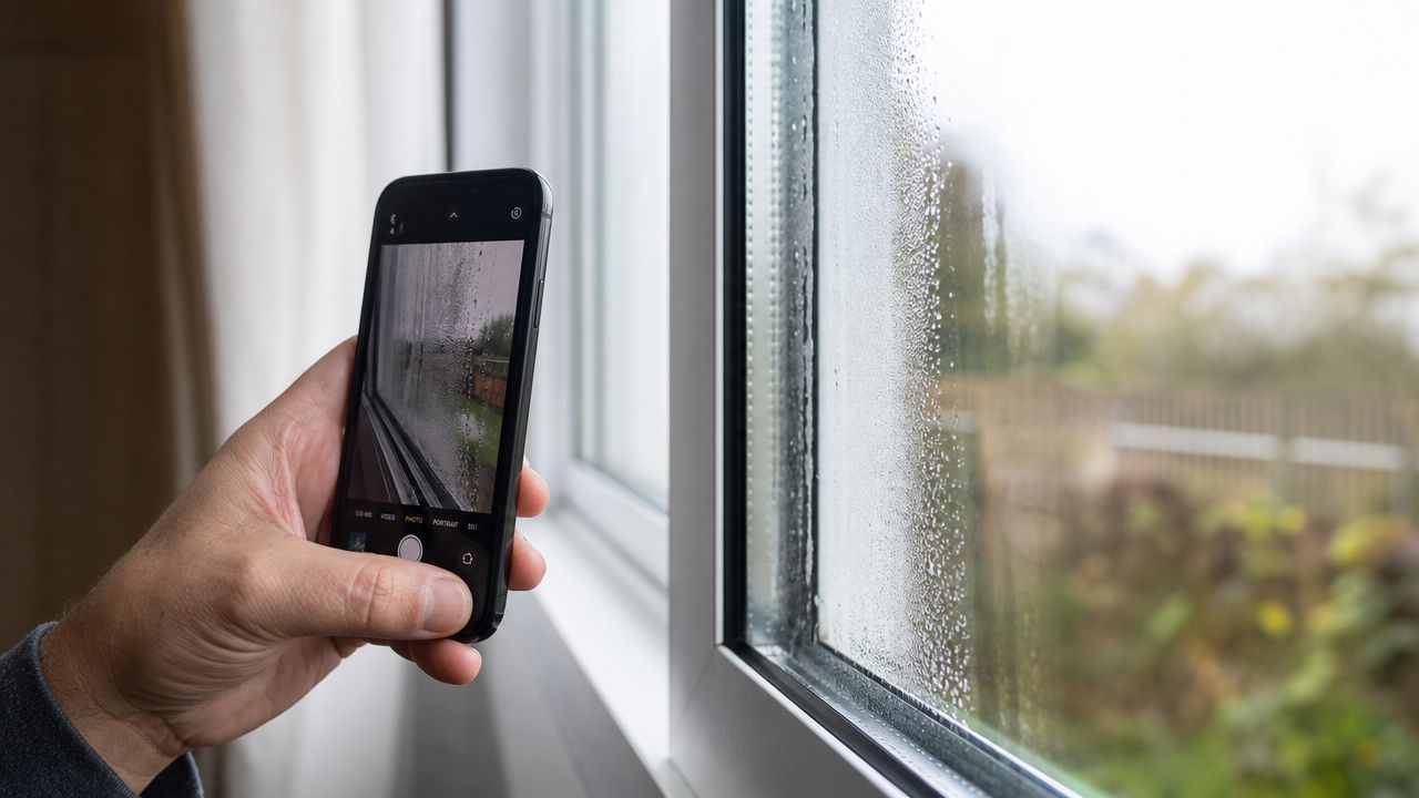 En person tager et billede med en smartphone af kondens på indersiden af et vindue.