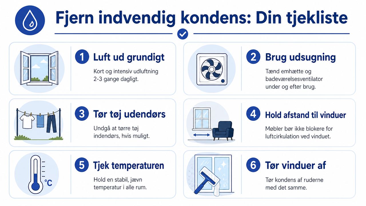 En infografik med seks gode råd til hvordan man effektivt fjerner indvendig kondens på boligens vinduer.